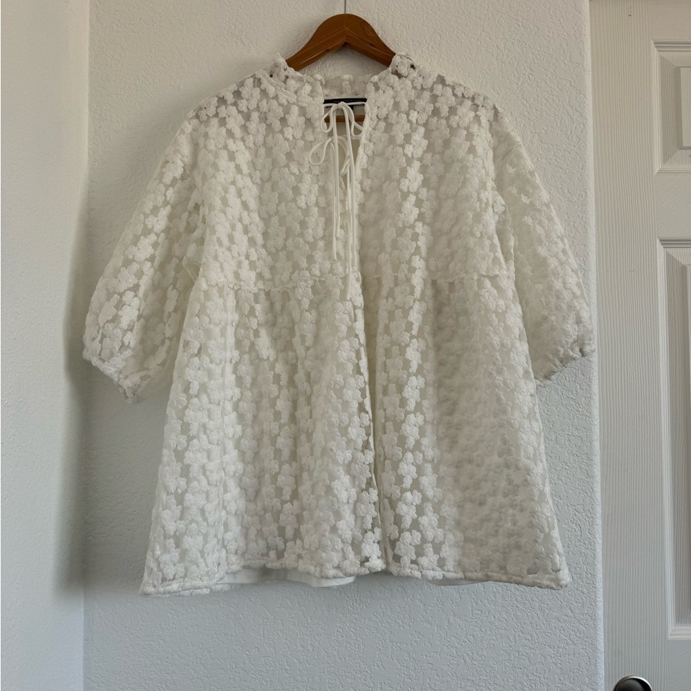 Marc New York Embroidered Lace Tunic Top 3/4 Puff Sleeve